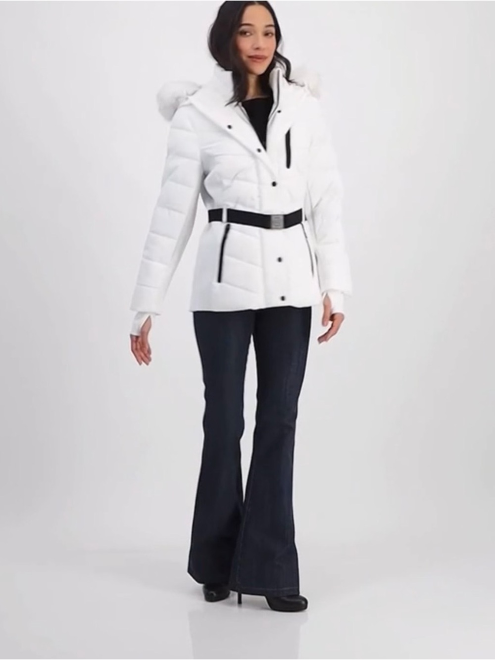 Michael Kors White Quilted Belted Hooded Puffer Jacket